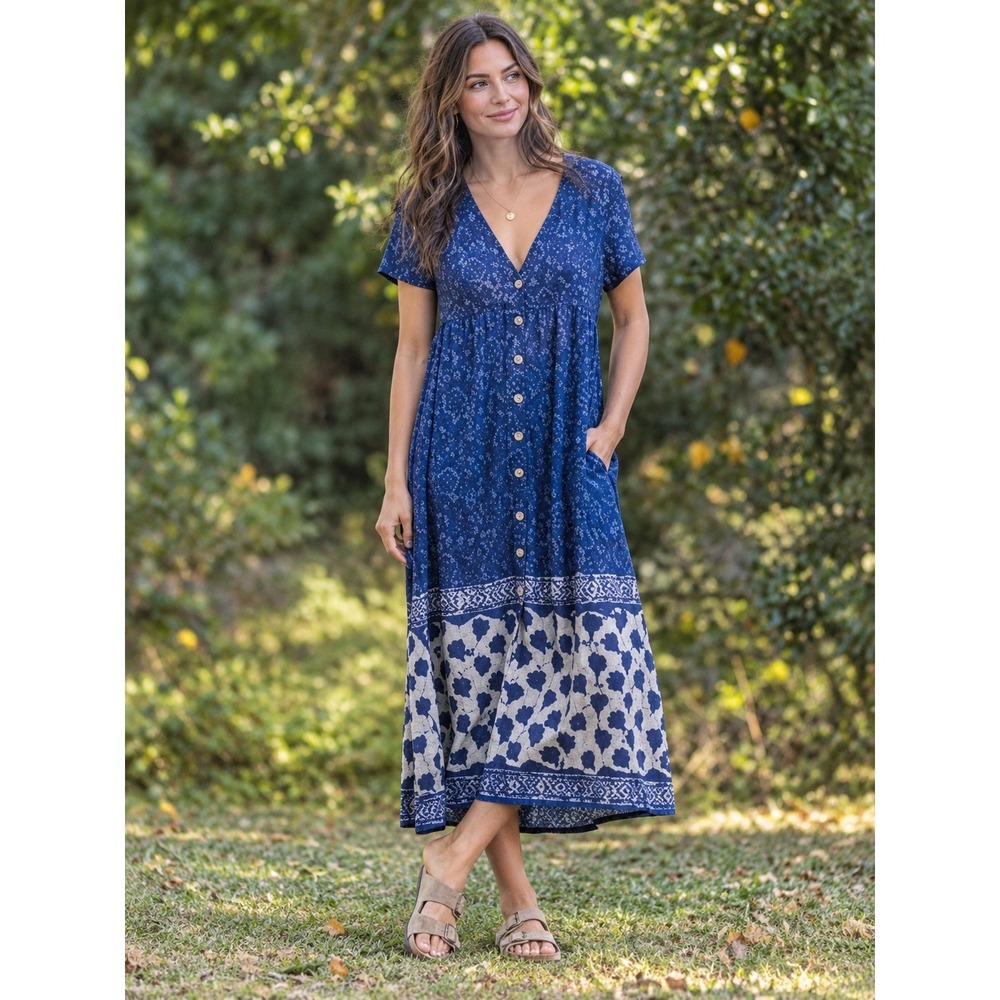 Natural Life Avery Boho Cottagecore Button Front Midi Dress S